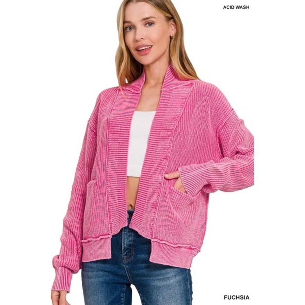 Zenana Acid Wash Ribbed Cardigan Fuchsia Pink Open Front Pocket Sweater Small
